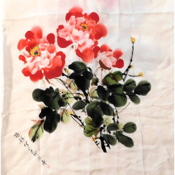 Silk Floral Scarf White Red Hand-Rolled Shawl Asian Characters 45 X 45 Inches - Picture 2 of 9